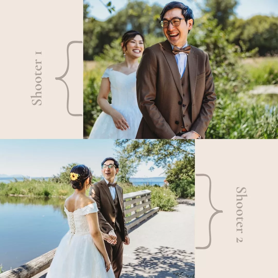 Perspective of primary wedding photographer compared to secondary wedding photographer during a wedding day first look in Seattle, WA