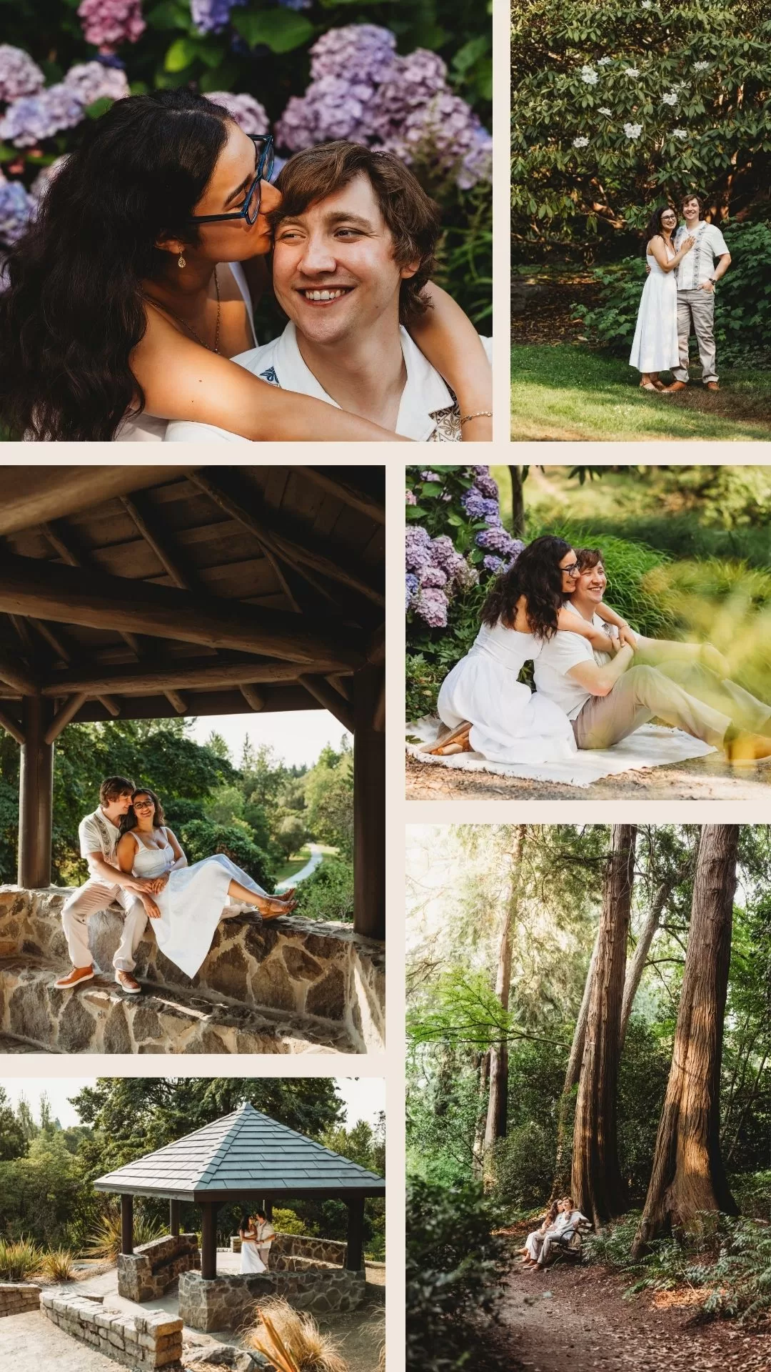 Romantic Washington Park Arboretum engagement photos in Seattle featuring couple among purple hydrangeas, under wooden pergola, and on forest trails by Seattle wedding photographer