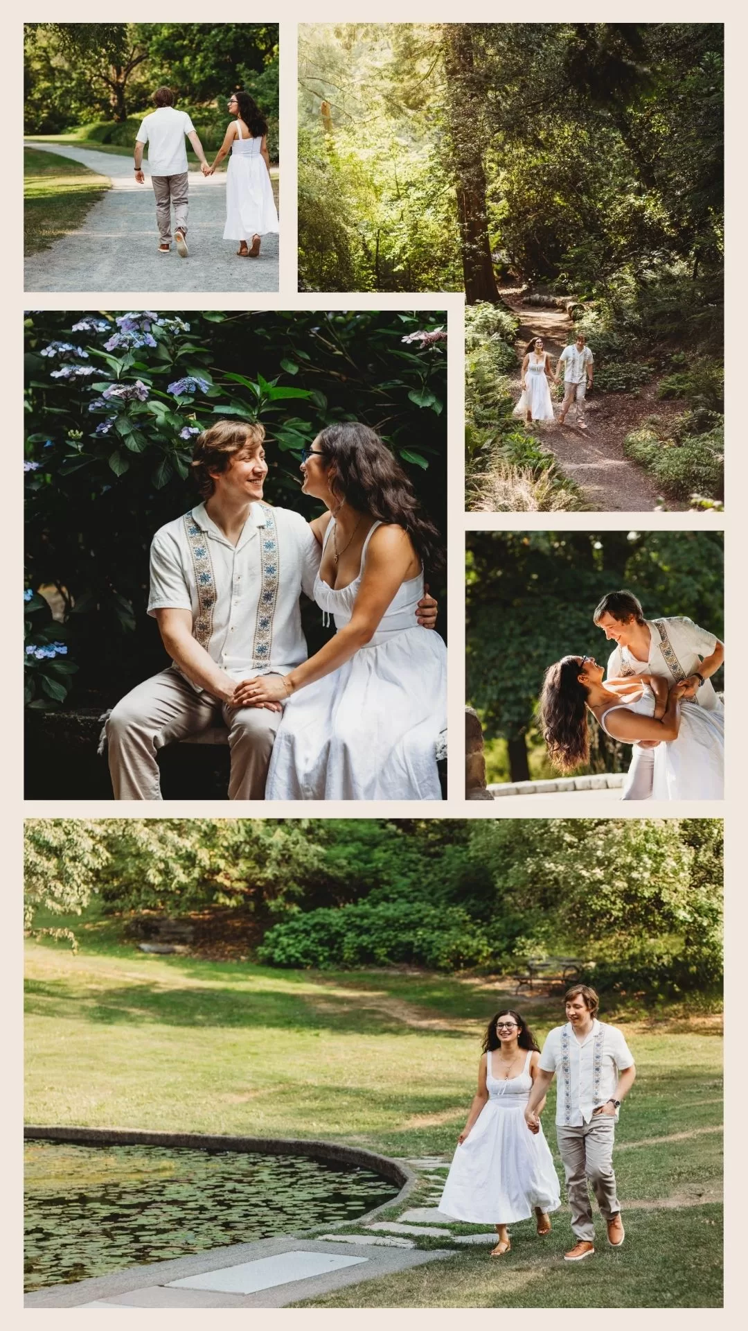 Seattle engagement photography at Washington Park Arboretum showing couple walking garden paths, sitting by pond, and romantic poses among trees and hydrangeas