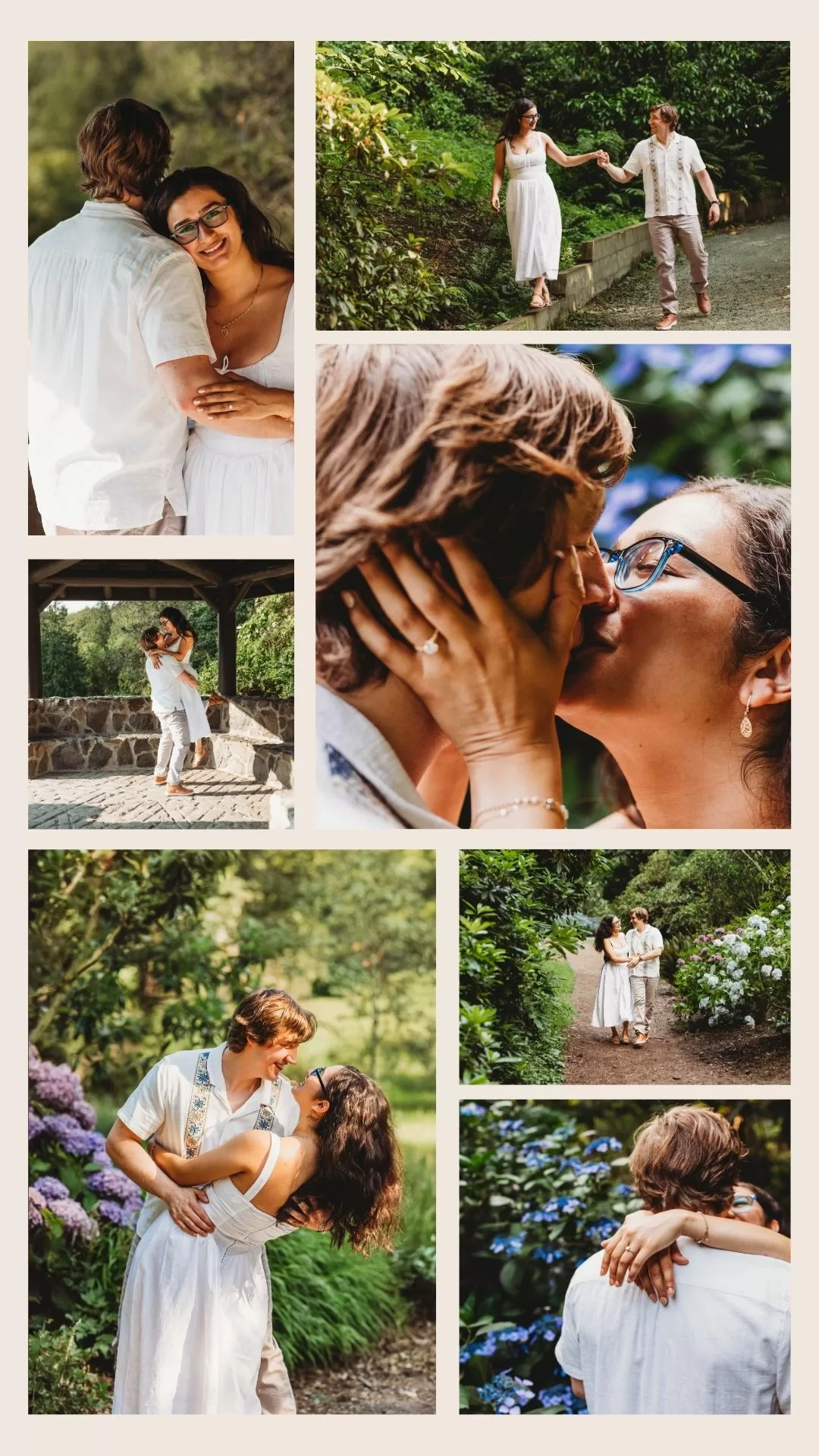 Intimate engagement portraits at Washington Park Arboretum Seattle featuring close-up romantic moments, couple embracing among purple hydrangeas and garden settings