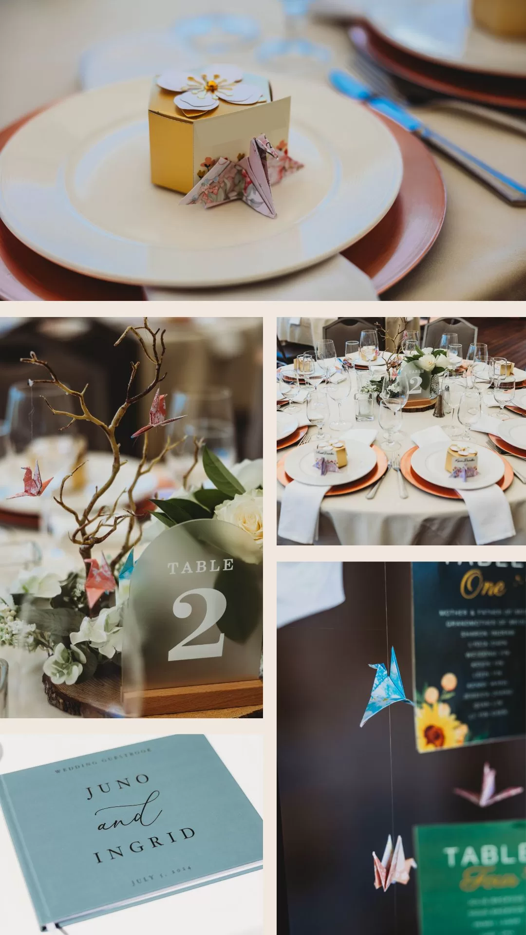 Detail images of origami cranes at Rays Boathouse wedding reception in Seattle, WA