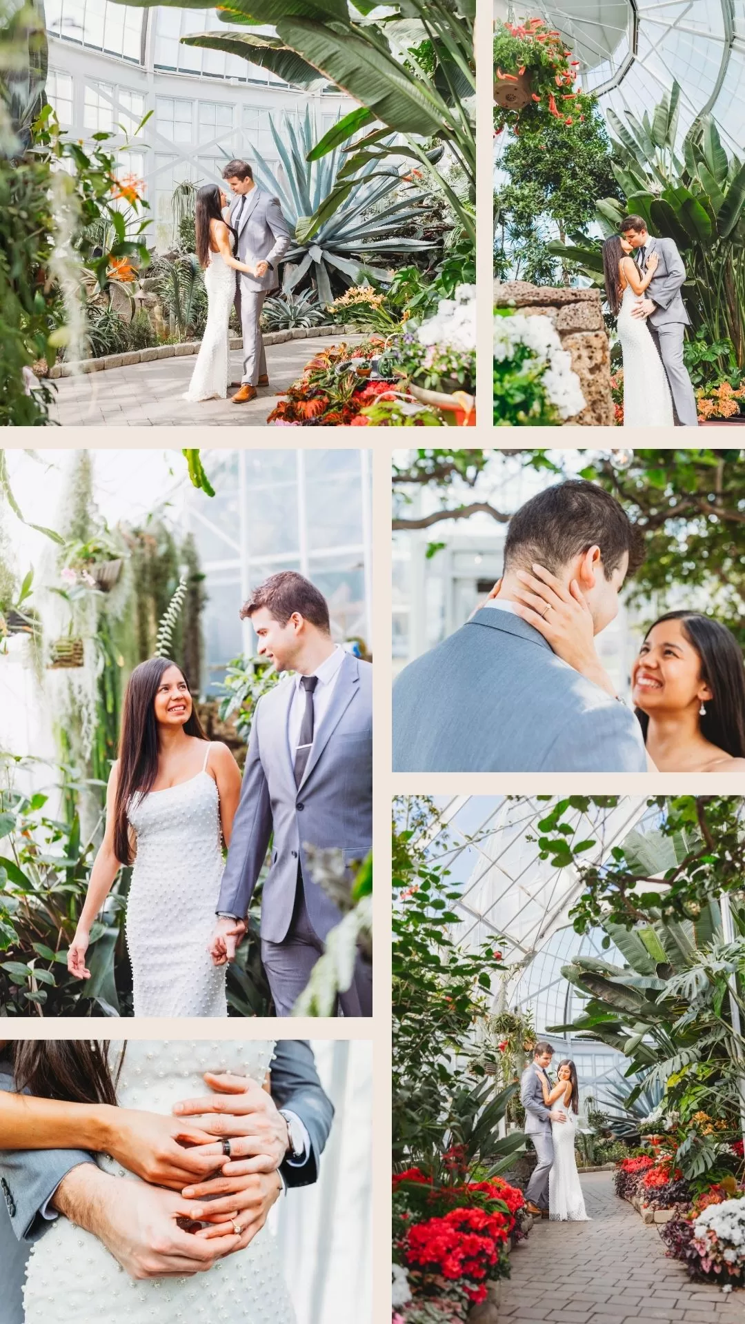Couple holding hands surrounded by tropical plants at W.W. Seymour Botanical Conservatory in Tacoma.
