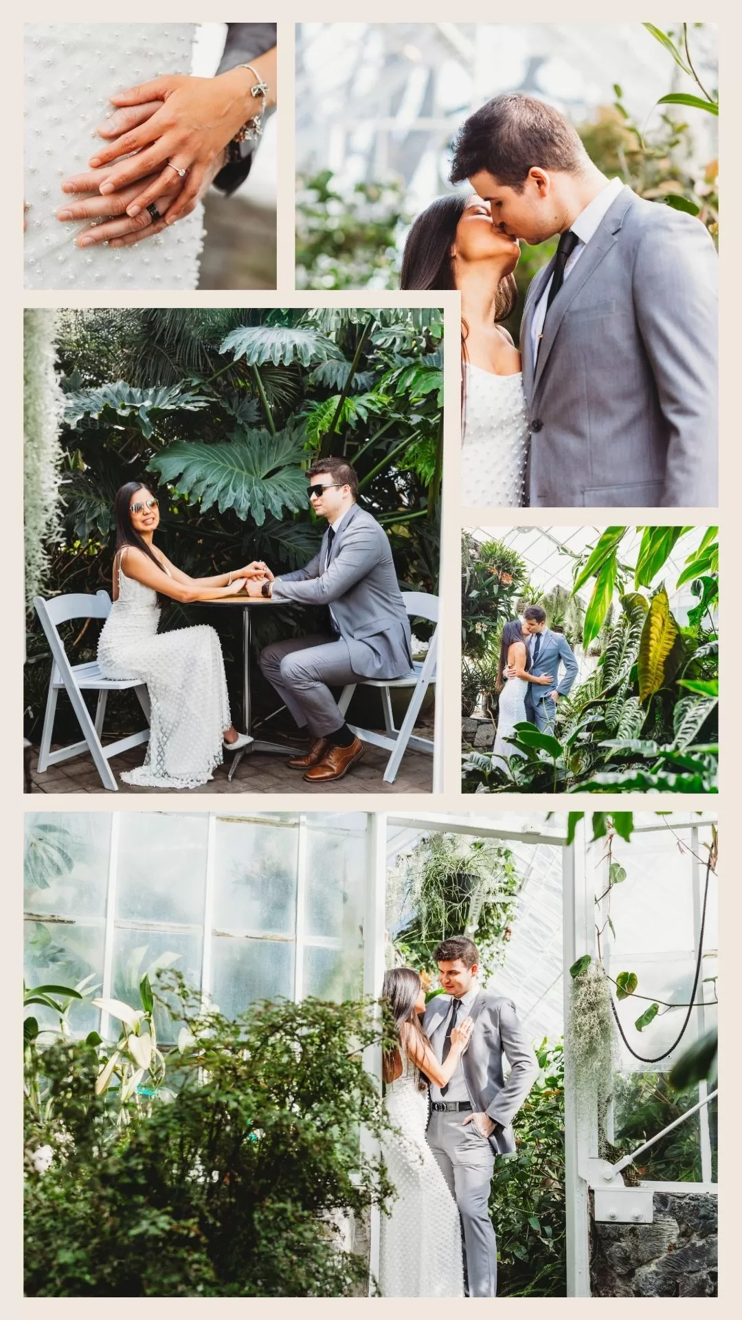 Engaged couple leaning together in greenhouse doorway.