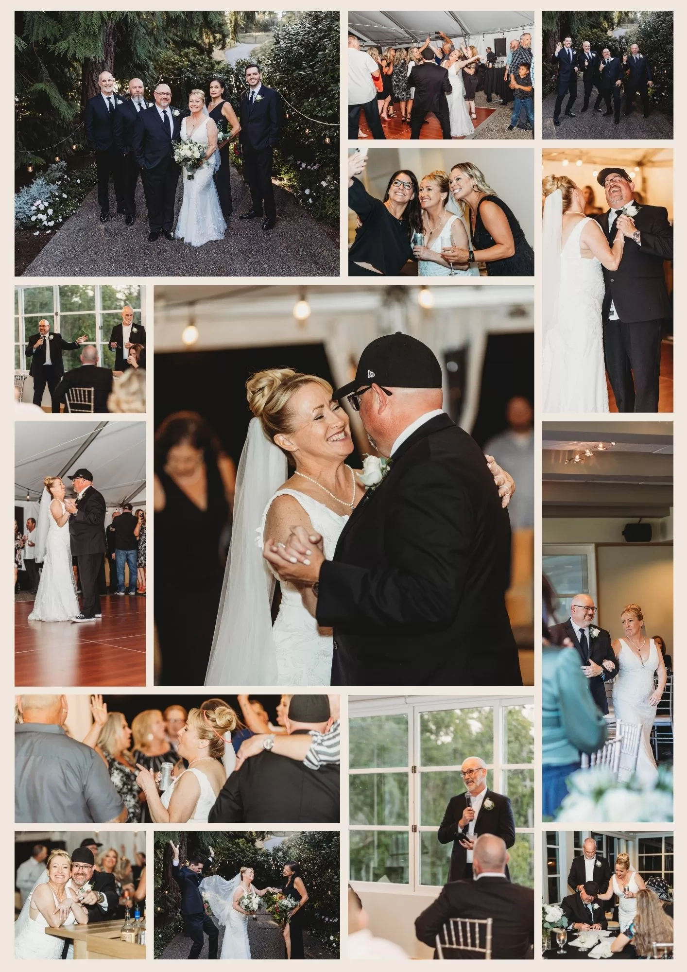 A collage of reception photos at Canterwood Golf and Country Club in Gig Harbor, WA including the bride and groom's first dance, speeches, and dancing.
