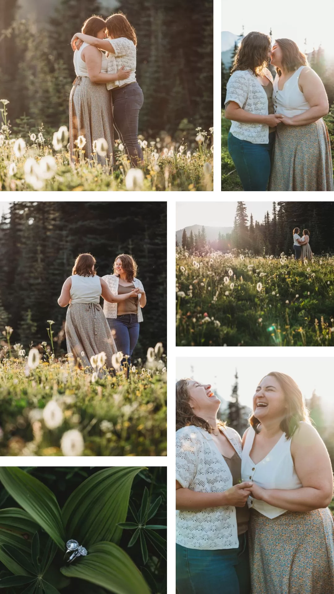 A collage of two women sharing romantic moments surrounded by wildflowers at Mount Rainier National Park for their Pacific Northwest engagement session