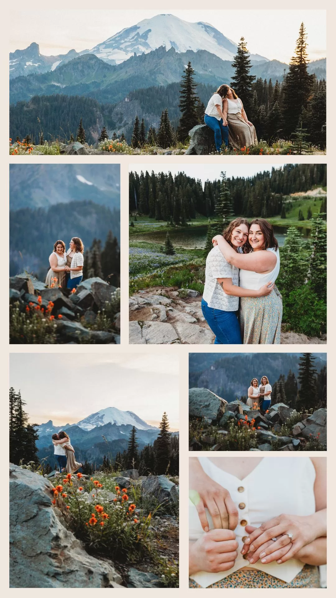 Two women posing in front of Mount Rainier for their Mount Rainier wildflower engagement session during summer at the National Park.