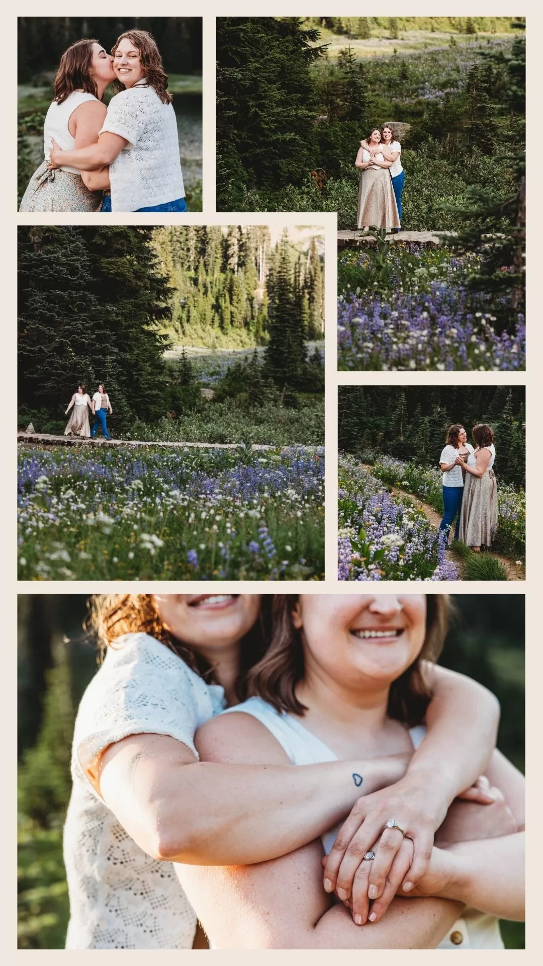 Collage of two women walking amidst a wildflower meadow for their Mount Rainier National Park Engagement Session