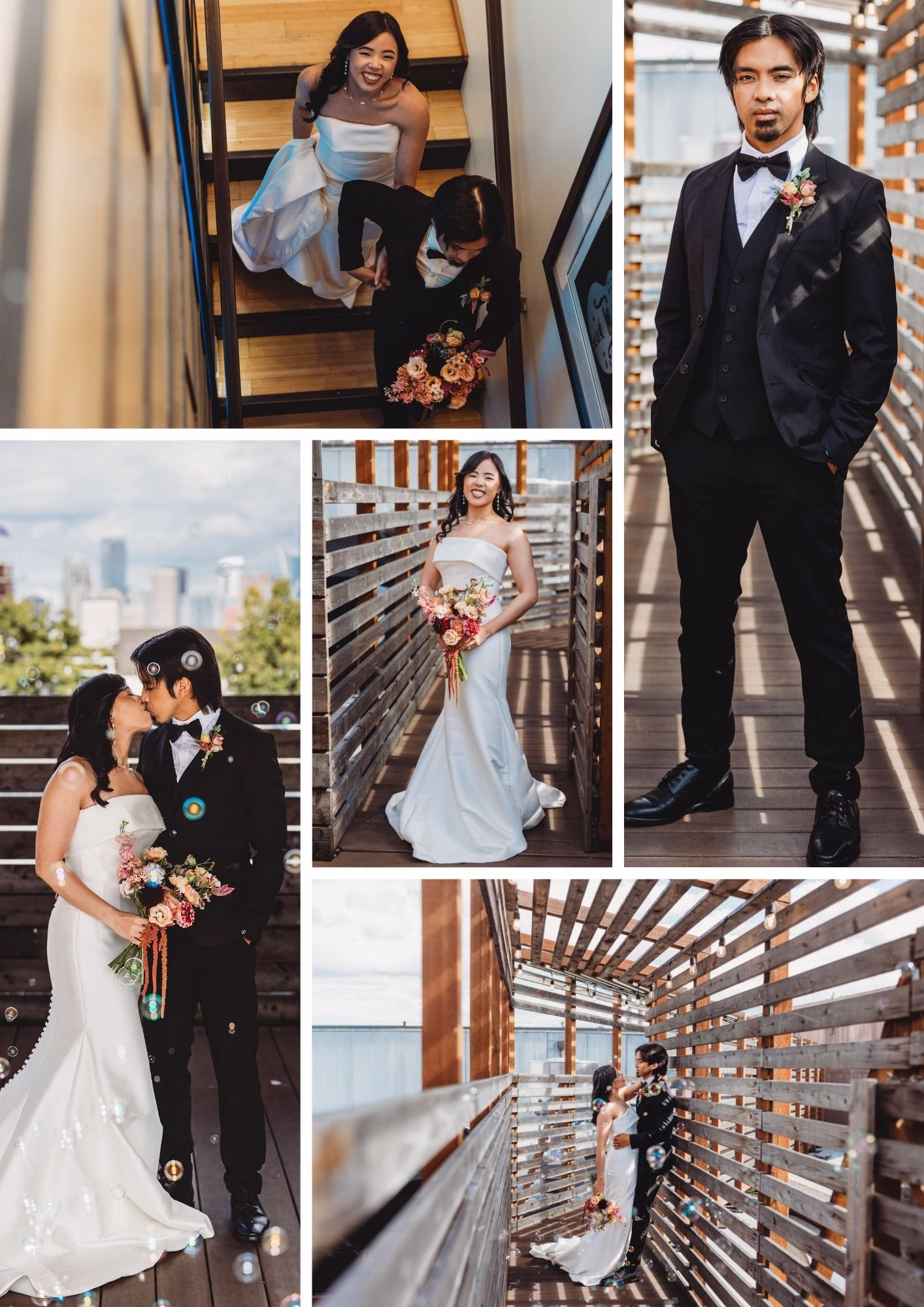 WithinSODO wedding rooftop portraits of bride and groom surrounded by wooden structure and bubbles