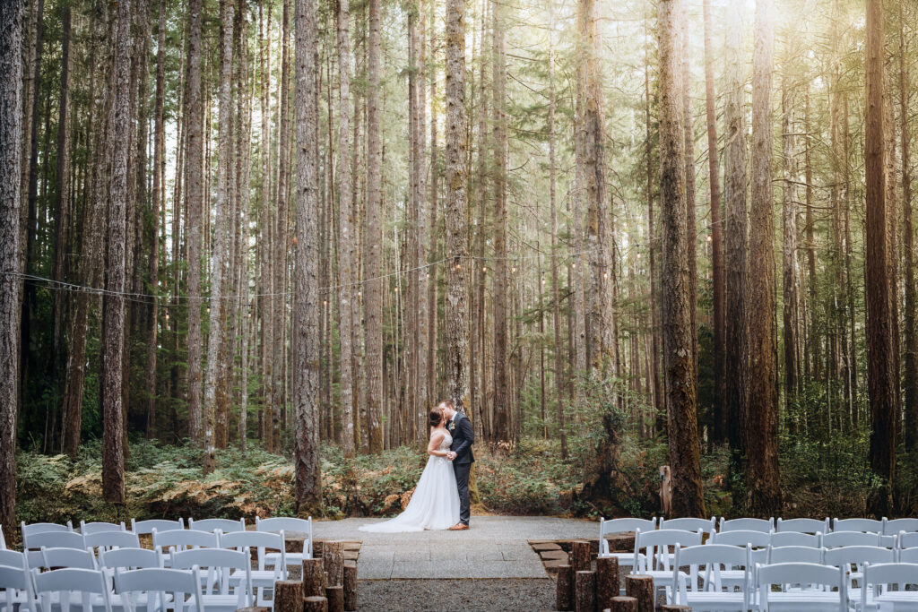 Golden hour bride and groom portrait at the Wedding in the Woods at Gold Mountain Golf Club in Bremerton, WA