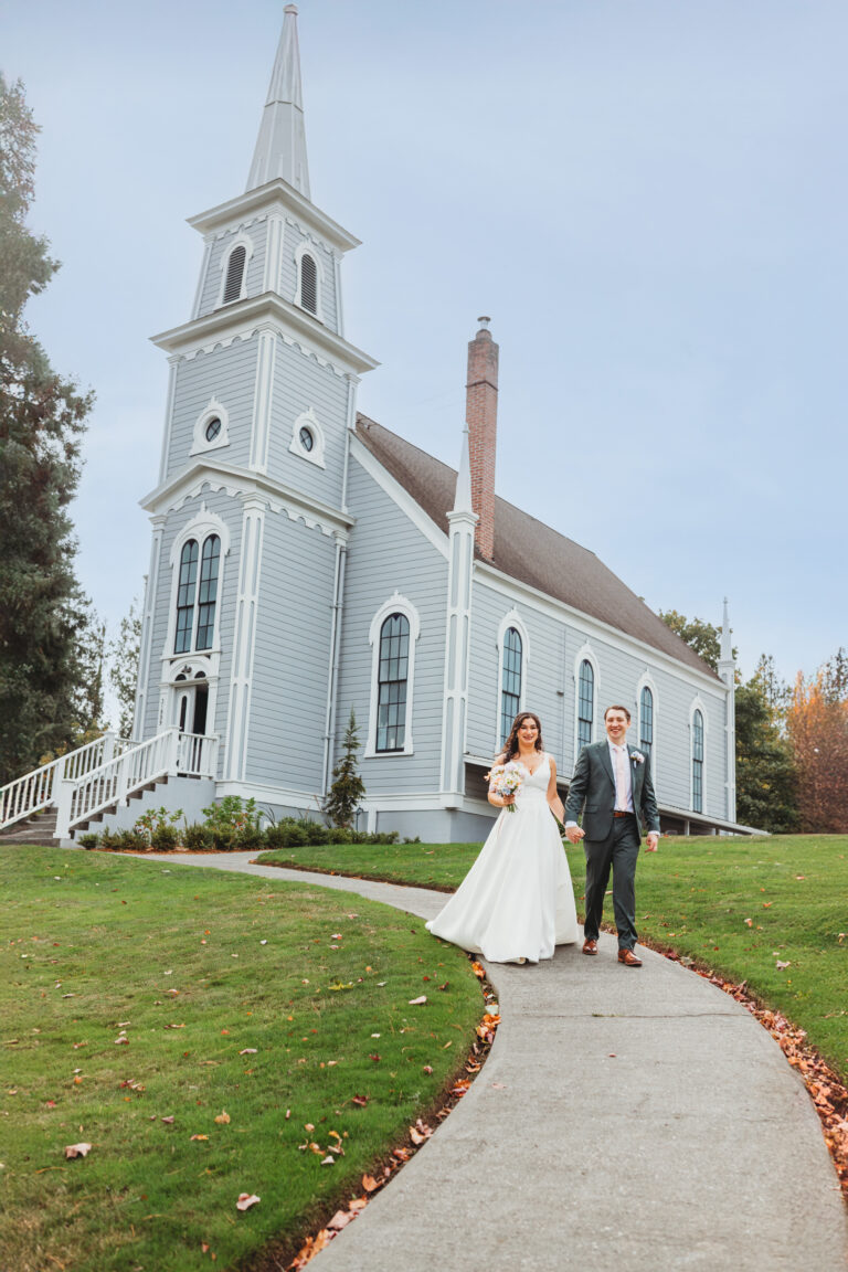 Bride & Groom exit St. Paul's Church in Port Gamble after their wedding ceremony